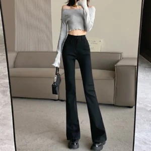 Black micro-ripped jeans women net red high-waisted thin horseshoe pants slim stretch small flared pants woman