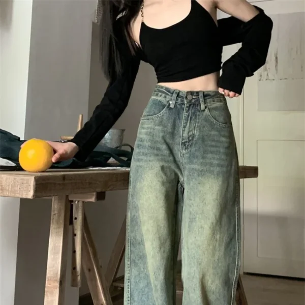 Elongated wide-leg jeans women do old retro spring and summer new wash high waist straight tube loose thin mopping pants - Image 4