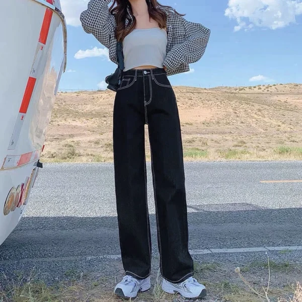 Black and gray wide leg jeans women's new autumn loose high waist straight tube design pants autumn and winter tide - Image 3