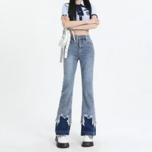 Broken straight leg jeans women's new retro fashion slit color pant leg design personality matching slim slim pants