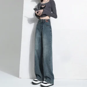 Straight jeans women's new wide-legged mopping trousers small high-waisted double-button loose drooping trousers