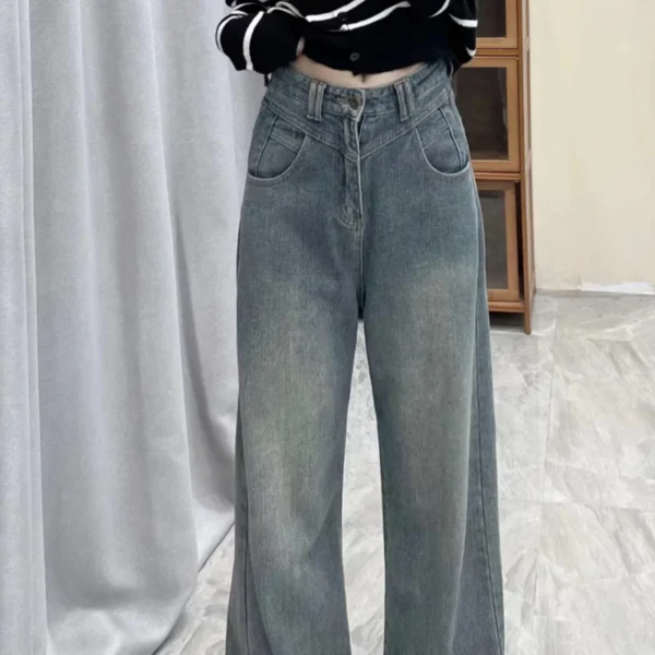 Large size wide leg jeans women American retro autumn fat mm high waist cover hip pear body narrow version of straight leg pants - Image 3