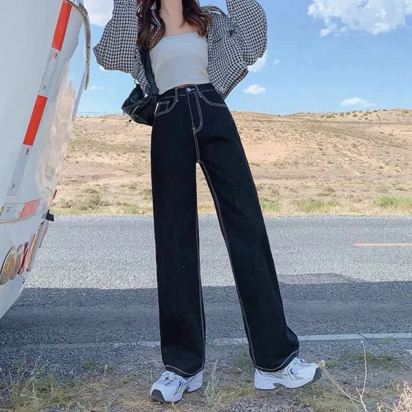 Black and gray wide leg jeans women's new autumn loose high waist straight tube design pants autumn and winter tide